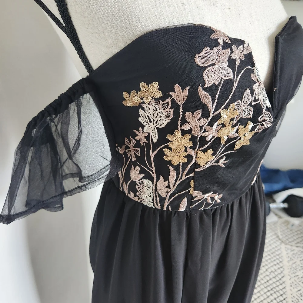 Soieblu Black Gown Dress Gold Floral Sequins Embroidery Whimsigoth Fairy Witchy - Picture 6 of 14